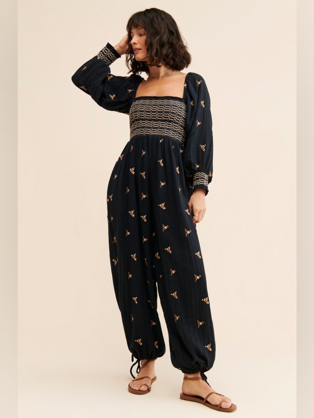 Free People Navy Smocked Floral Jumpsuit